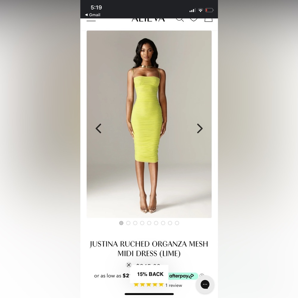 Alieva Justina Ruched Organza Mesh Midi Dress (Lime) - M